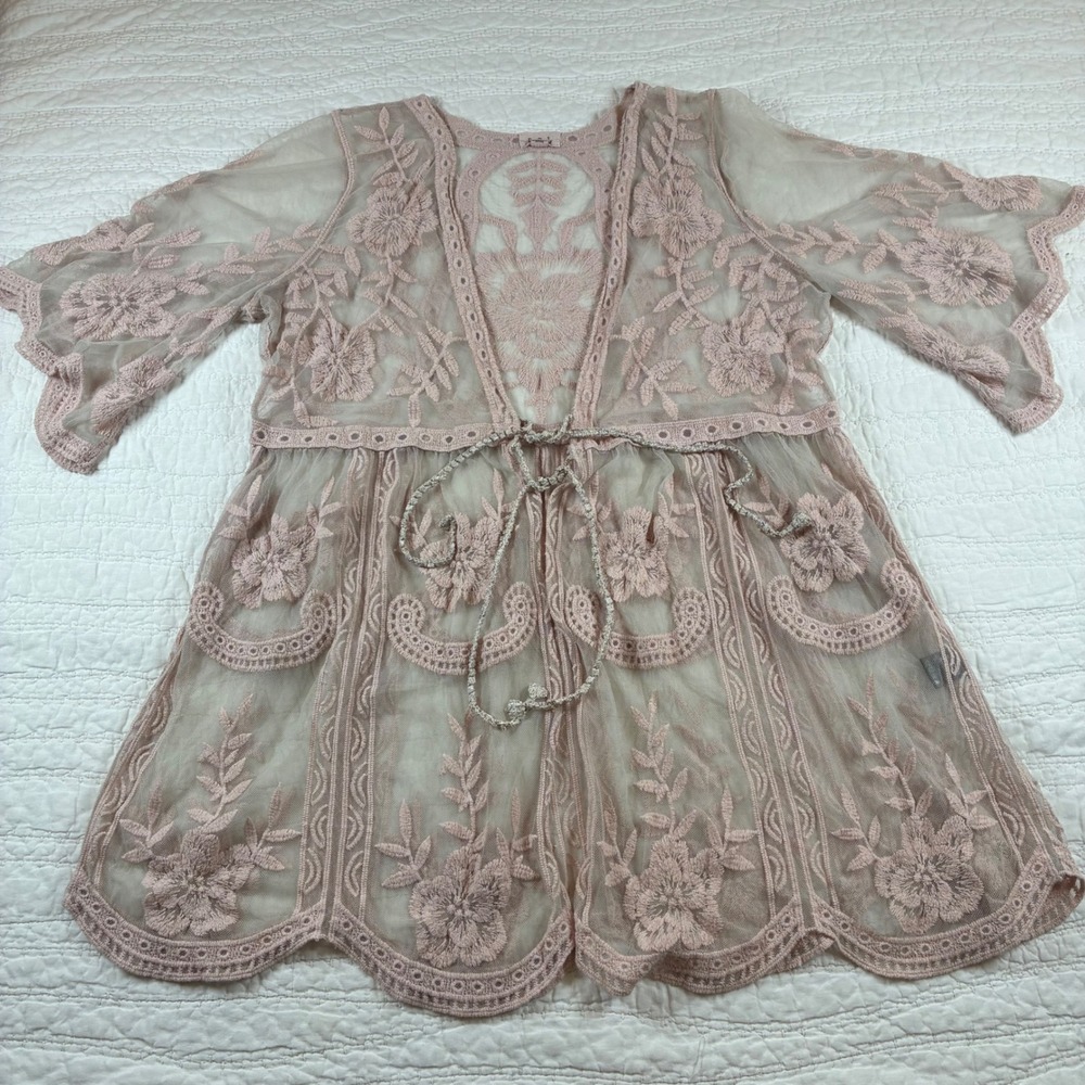 POL Lace Cardigan Women M/L Pink Floral Embroidered Sheer Mesh Tie Front Fairy